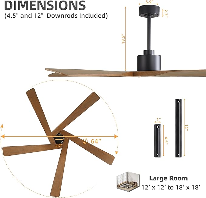 WINGBO 64" ABS DC Ceiling Fan No Light, 5 Blade ABS Plastic Ceiling Fan with Remote, 6-Speed Reversible DC Motor, Ceiling Fans without Light for Kitchen Bedroom Living Room, Matte Black and Walnut