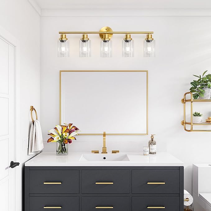 Guliaofo 5-Light Bathroom Vanity Lights, E26 Modern Brushed Gold Bathroom Light Fixtures with Clear Glass Shade, Mirror Kitchen Hallway Cabinet Living Room Sconces Wall Lights