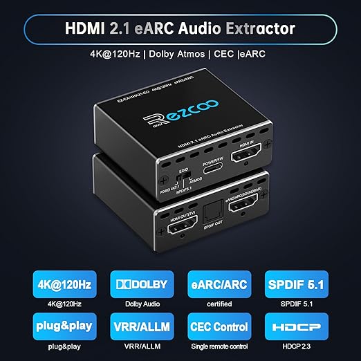 4K@120Hz HDMI 2.1 eARC Audio Extractor 1 in 1 Out Support VRR ALLM HDCP2.3 ARC eARC HDR CEC SPDlF Optical Audio Out Digital EDID for PS5 Xbox NVIDIA AMD