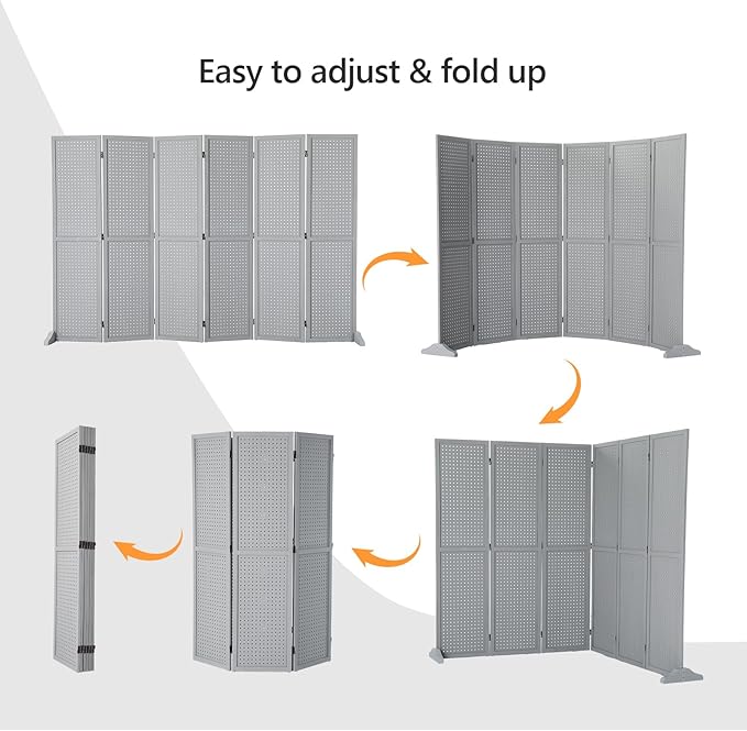 Bonnlo 4/6 Panel Pegboard Freestanding, 5 FT Portable Display Board Organizer for Craft Show Jewelry, Wooden Folding Privacy Screen Room Divider (Grey, 6 Panel with Base)