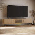 POVISON Fully-Assembled Mid Century Modern TV Stand for 85 inch TV, Sliding Door Entertainment Center with Storage, Wood TV Console, Media Console for Living Room Bedroom(Oak, 94.49")