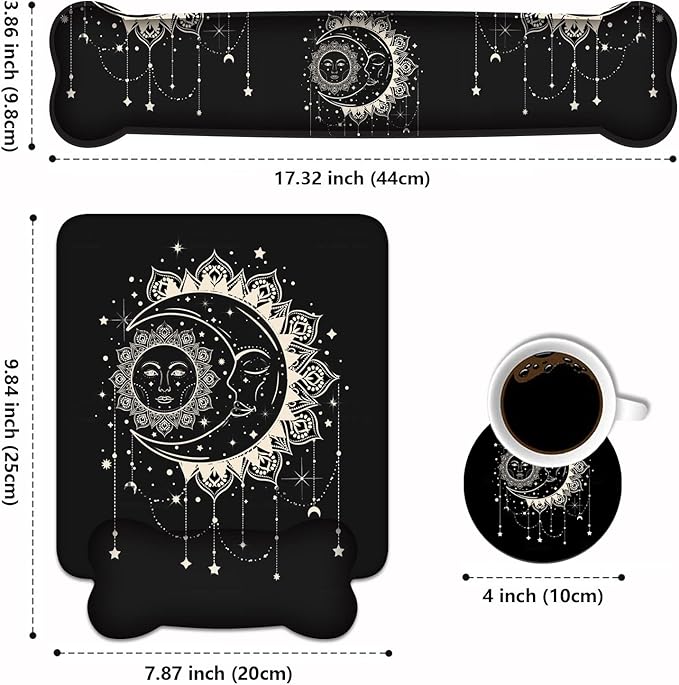 Wrist Rest Support Ergonomic Gel Mouse Pad and Memory Foam Keyboard Set, Non-Slip Rubber PU Base for Home Office Working Studying Easy Typing & Pain Relief, Celestial Theme Sun with Crescent Moon