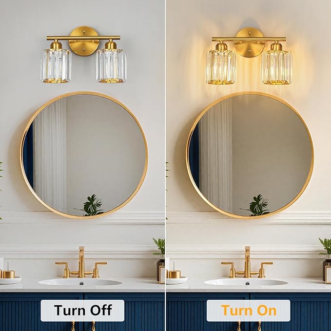 FDPBY Modern 2 Light Crystal Vanity Light, Brushed Gold Vertical Bathroom Light Fixture Over Mirror for Dressing Table Sink, Compatible with Dimmable Bulbs (Bulbs Not Included)