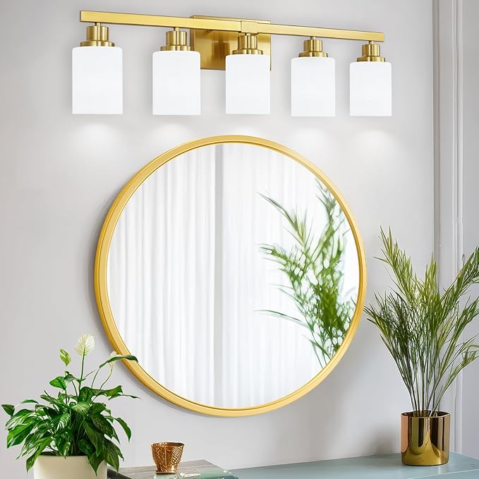 DIKAIDA Gold Bathroom Light Fixtures, 5-Light Modern Brushed Gold Vanity Lighting Fixtures for Bathroom Over Mirror, 30" Gold Sconces Wall Lighting for Bedroom Hallway Living Room