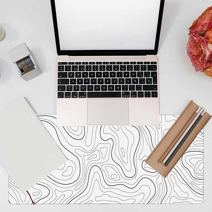 Eflxamz Desk Mat,White Topographic Contour Map Desk Pad,Topographic Contour Large Gaming Mouse Pad for Desk,Extended Big Computer Keyboard Mouse Pad with Non-Slip Base and Stitched Edge,35.4"x15.7"