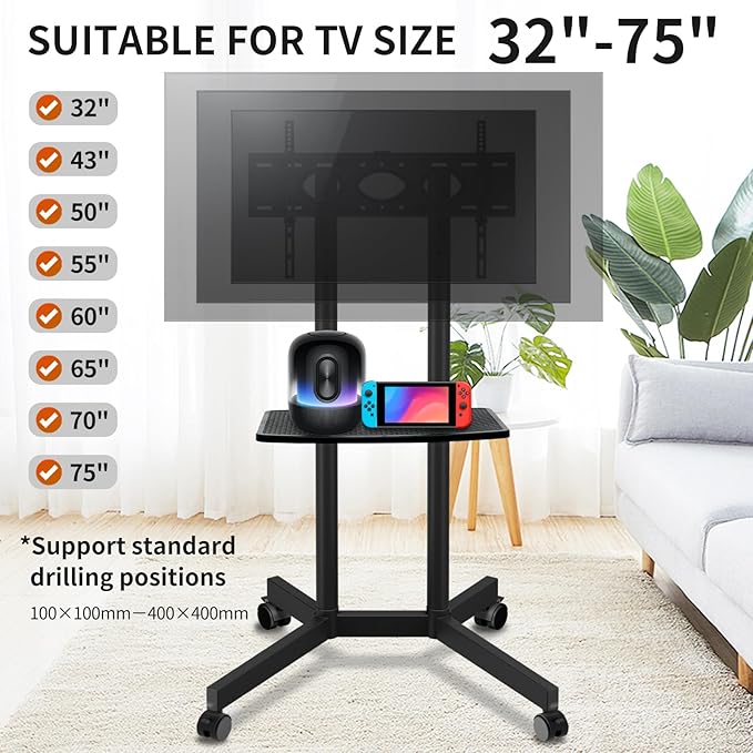 Solid Grace Rolling TV Stand with Wheels for 32-75 Inch TVs up to 88lbs, Portable TV Stand with Shelf, Mobile TV Cart for Living Room, Office, Meeting Room, Outdoor（MT2007 Upgrade Version）