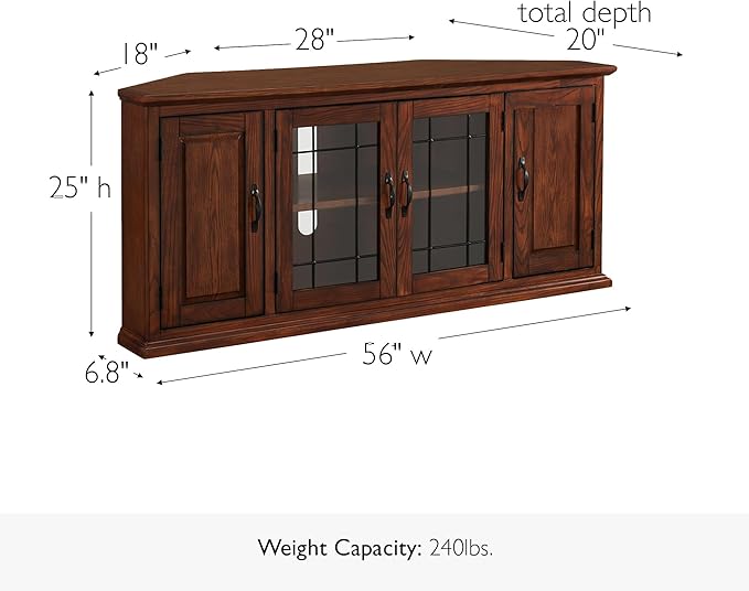 Leick Home Riley Corner TV Stand 60 in, Burnished Oak, Solid Wood, Beveled Tempered Glass, Blackened Hardware, Adjustable Shelf, Easy Assembly, 56 in L x 20 in W x 25 in H, Item 80386