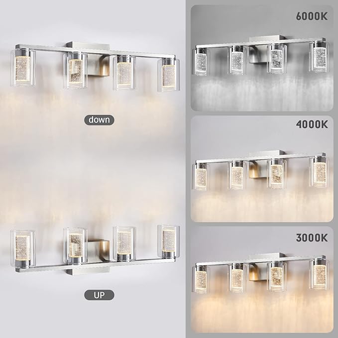 SADENICEL 4-Light Bathroom Light Fixtures, Brushed Nickel, Dimmable LED White/Neutral/Warm Crystal Bathroom Vanity Lights Over Mirror, for Bedroom,Living Room