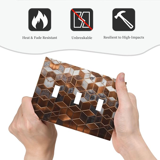 Bvtewkhz Brown Abstract Luxury Modern Geometric Cubic Marble 3 Gang Triple Toggle Decorative Light Switch Covers Electrical Faceplate Switch Plates for Bathroom Kitchen Home