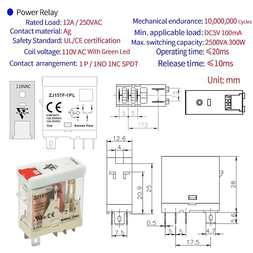 12 Amp Power Relay Switch Electromagnetic with Test Button 110V 120V SPDT 1NO 1NC Socket Base with Indicator Light, UL Certification (5 Pin- 12A, AC 110V)