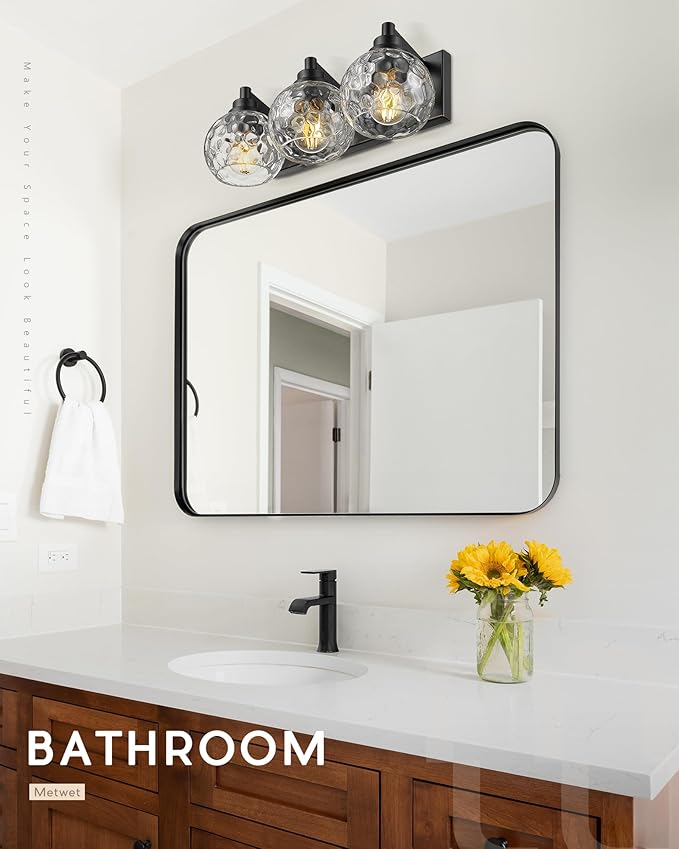 METWET Bathroom Light Fixtures Over Mirror, 3-Light Matte Black Vanity Light with Clear Hammered Glass Globe Shade, Modern Sconces Wall Lighting for Bedroom Hallway, VL200-MB-3