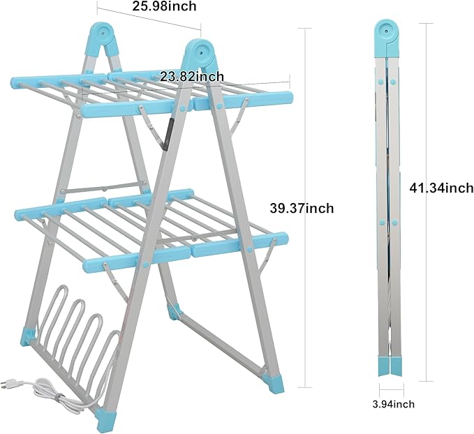 SHARNDY Electric Heated Clothes Drying Rack,Foldable Heated Garment Dryer with Timer Shut-Off Laundry Rack for Clothes Shoes Socks,Aluminum Alloy,Blue,Plug & Play,(39.37x25.98x23.82in)
