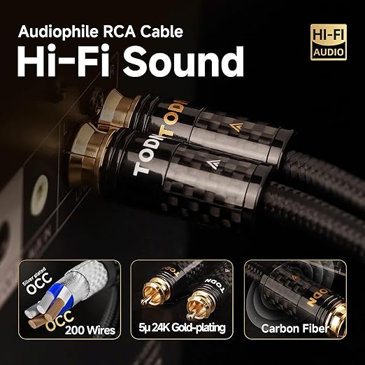 TODN HiFi RCA Cables Audiophile RCA to RCA Male Silver-Plated-OCC Core Shielded Audio Cable for Home Stereo Systems (6.5ft/2m, 1 Pair)
