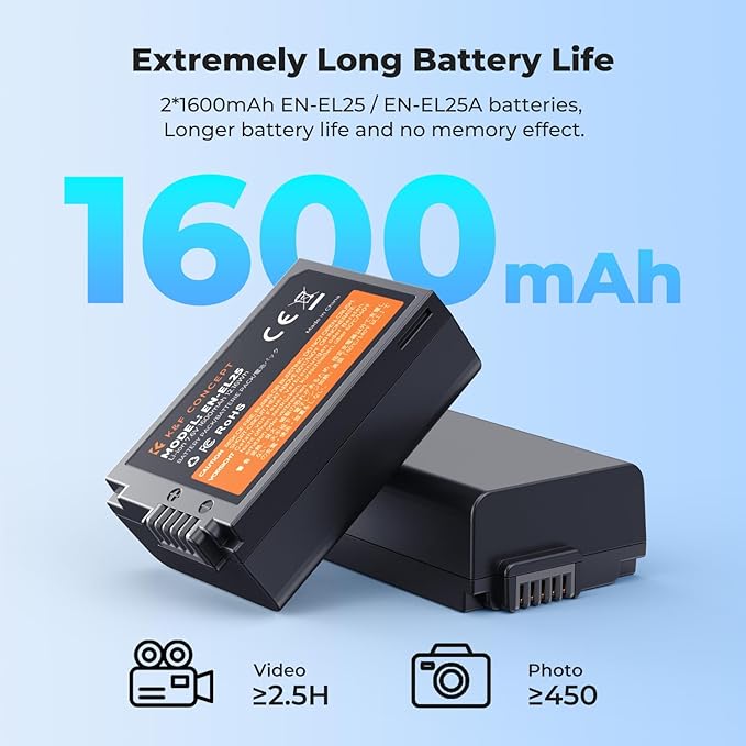 K&F CONCEPT 1600mAh EN-EL25 Battery 2-Pack EN-EL25A Battery and Dual LCD Battery Charger for Nikon Z50II, Z50, Z30, Z FC Camera MH-32 Battery Charger