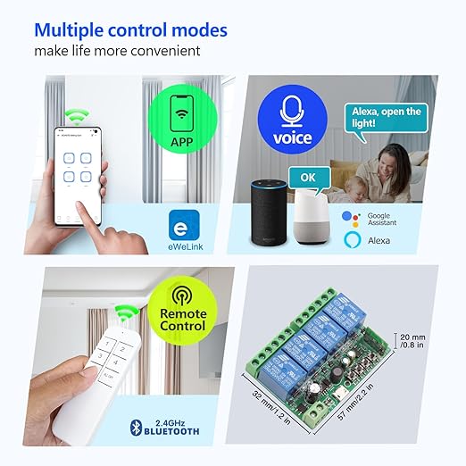 DieseRC 4 Channels WiFi Smart Switch with Bluetooth Transmitter, DC 5V 12V 24V 36V Passive Output Relay Module Ewelink APP WiFi Control Compatible with Alexa/Google Home, Inching/Self-Locking Switch