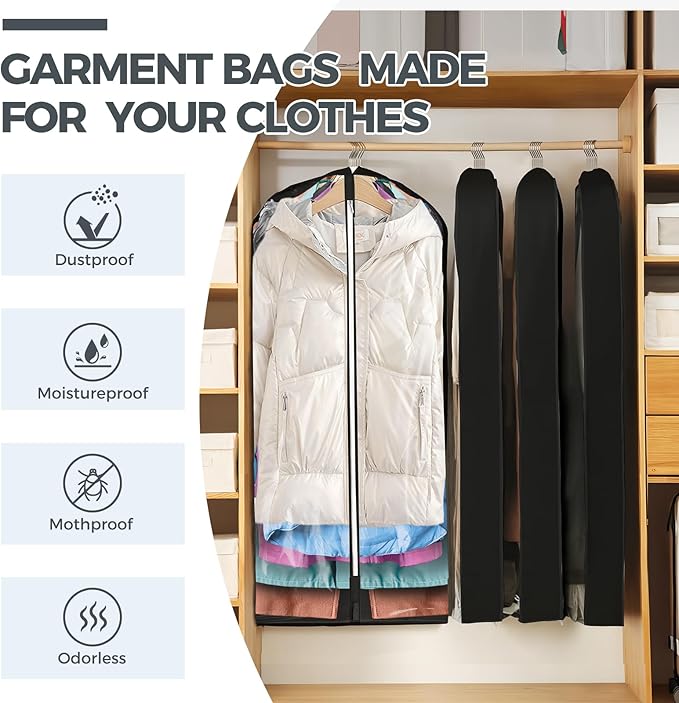6 Pcs 40" Garment Bags for Hanging Clothes, Clear Suit Bags for Closet Storage Clothing Storage, Garment Bags Shoulder Covers with 4" Gussets for Coats, Jackets, Shirts and Sweater, Black