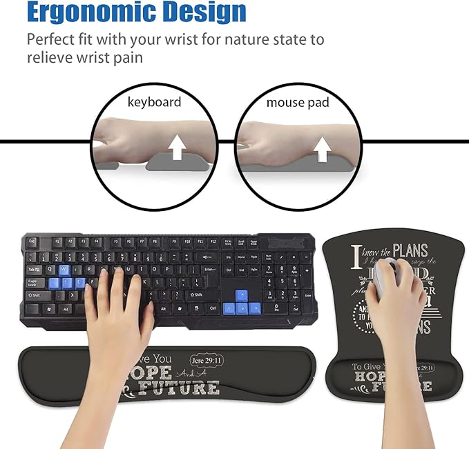 Ergonomic Mouse Pad Wrist Support and Keyboard Wrist Rest Set with Coasters, Non-Slip PU Base, Easy Typing and Relieve Wrist Pain, Perfect for Home Office Working Studying, Bible Verse Jeremiah 29:11