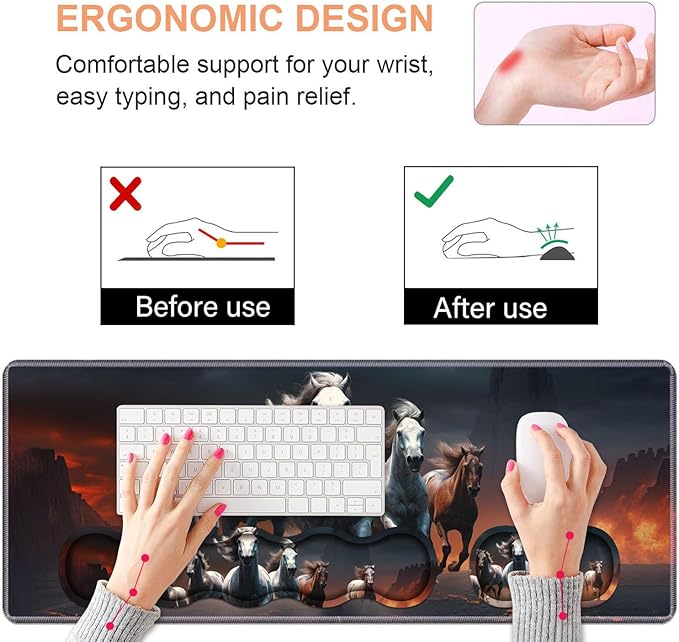 Ergonomic Keyboard Wrist Rest & Mouse Pad Wrist Rest Set, Large XXL Gaming Desk Mat 31.5"x 11.8" with Non-Slip Base, Memory Foam, Easy Typing Pain Relief for Home & Office, Running Horses