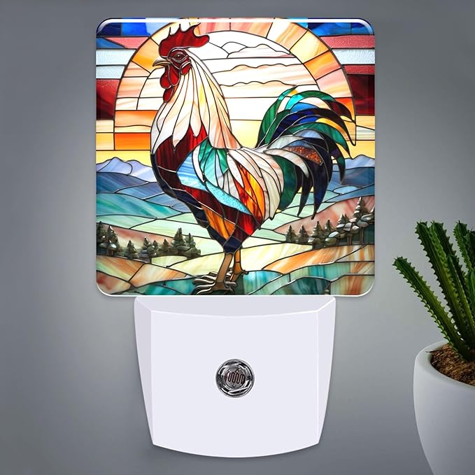 PODMemory Rooster Stained Glass Night Lights Plug into Wall for Room, Rooster Night Light LED for Bedroom