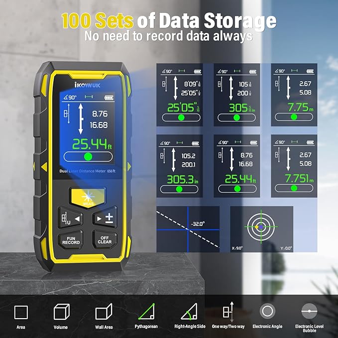 IKOVWUK Dual Laser Measuring Tool, 393FT/120M Bilateral Laser Distance Meter 6 Unit Switching, Rechargeable Digital Laser Measure with Backlit LCD Display, Angle Sensor, Multiple Measure Mode