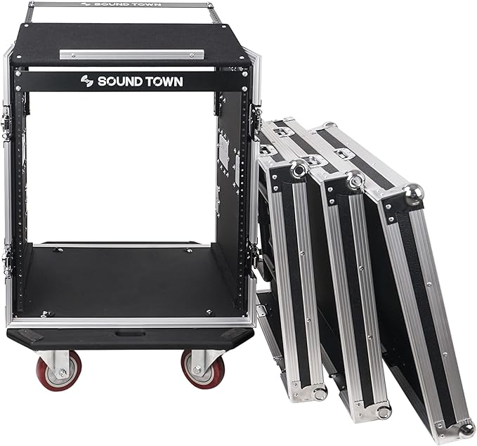 Sound Town High-Quality 1/2” (12mm) 12U PA DJ Pro Audio Rack/Road ATA Case with 11U Slant Mixer Top, Locking Drawer, Side Table, 20.2’’ Rackable Depth and Casters (STMR-12TD2)
