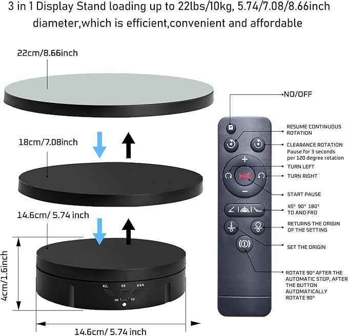 JAYEGT 3 in 1 Motorized Rotating Display Stand with 5.74 /7.08/ 8.66 inch Replacement Mirror Cover，Max 22lbs Load，360 Electronic Turntable for Photography Products (Mirror /3 in1 / Black/ Remote controller)
