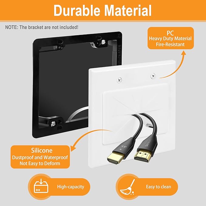 Kebulldola 2 Gang Wall Plate White 2 Pack, Silicone Cable Pass Through Wall Plate for Power Cable, Audio Video and Ethernet Cable, Speaker Wire Management