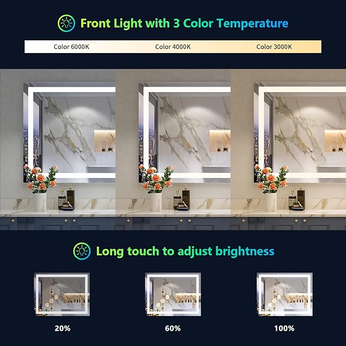 YEELAIT 48x36 Inch RGB LED Bathroom Mirror Front Light and RGB Backlit Lighted Vanity Mirror for Bathroom Wall Mounted Dimmable Anti Fog Memory Shatter-Proof IP54 Waterproof Horizontal/Vertical