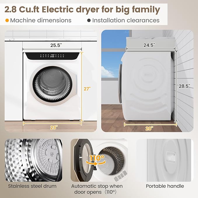 VCJ 2.8 cu.ft Portable Dryer, 1400W Electric Clothes Dryer with 6 Drying Modes & LED Control Panel, Front Load Compact Dryer for Home, Apartment, Dorms