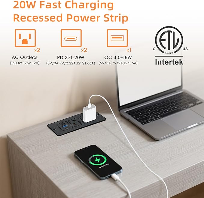 Recessed Power Strip USB, 20W Fast Charging Furniture Outlet - 2 AC & 3 USB (2 USB-C + 1 USB-A) for Desk, Bedside, Drawer, Conference Table - Space-Saving, Easy Install, 10FT Cord, Black