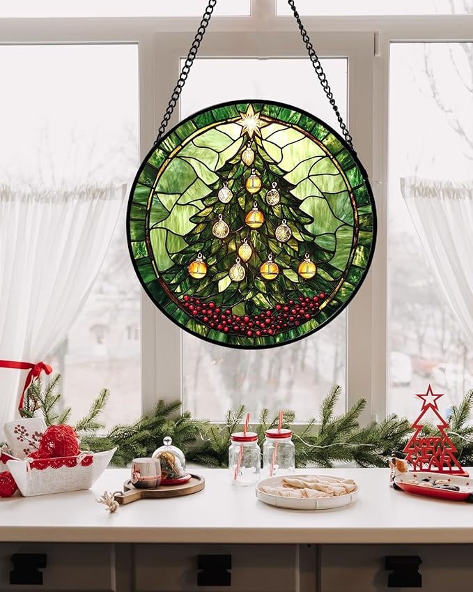 DASTOLL Stained Glass Window Hanging - Green Christmas Tree Golden Bells Suncatcher for Doors Home Christmas Decoration Sun Catcher Thanksgiving New Year Birthday Gift for Women Men Mom Nana 15 in