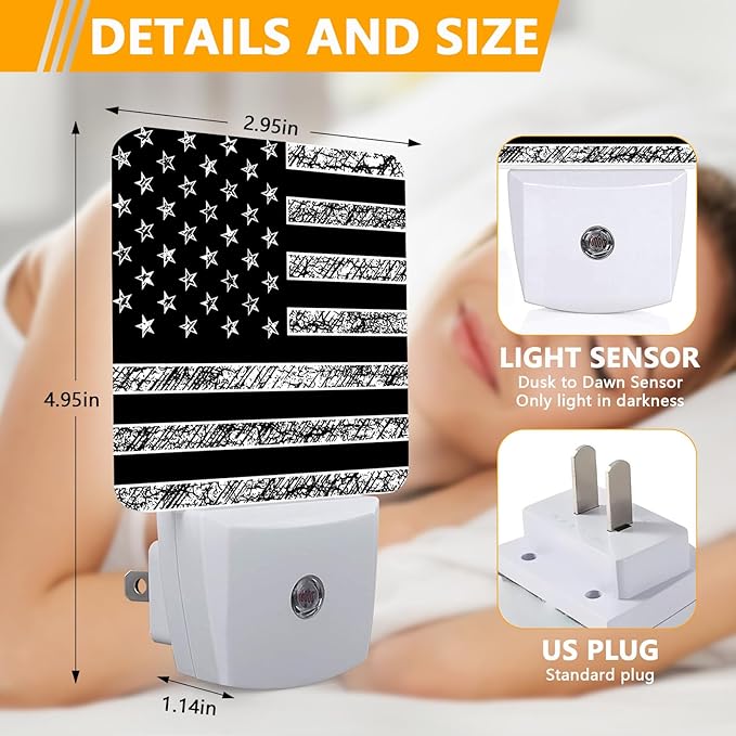 GANTINIR Black White American Flag Night Light, Plug-into USA Flag Nightlight White LED Lamp, Energy Efficient Decor Desk Lamp for Bedroom Hallway Stairs Bathroom