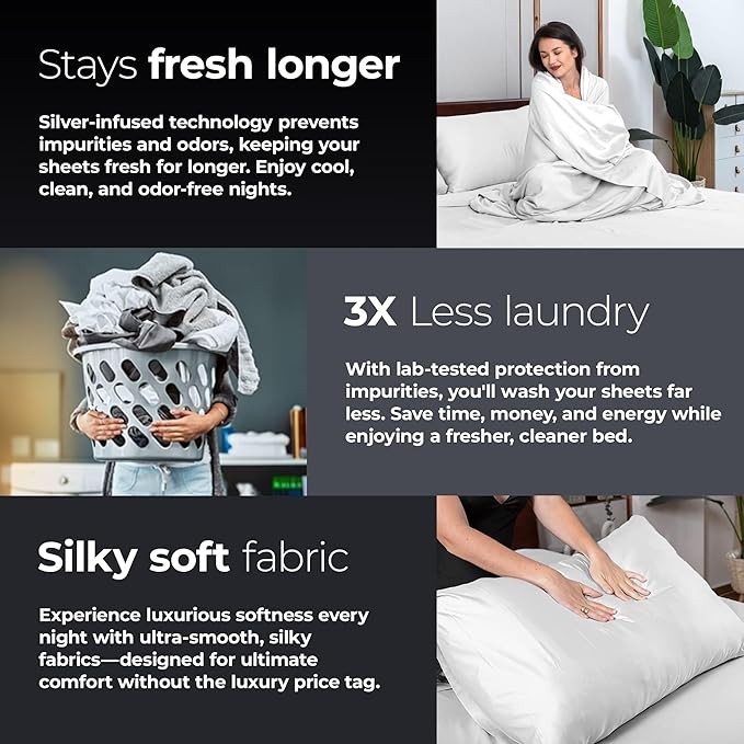 Silvery Silver Infused Bed Sheets Set - Award-Winning Self-Cooling Fabric with Self-Cleaning Silvery Technology™ That Stays Fresh 3X Longer for Hygienic Sleep (White, King)