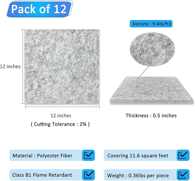 BXI Thickened Sound Absorbing Panels - 12 Pack 12 X 12 X 0.5 Inches Dense Acoustic Panels, Echo Noise Reducing Sound Panels, Tackable Studio Panels for Wall and Ceiling Acoustic Treatment