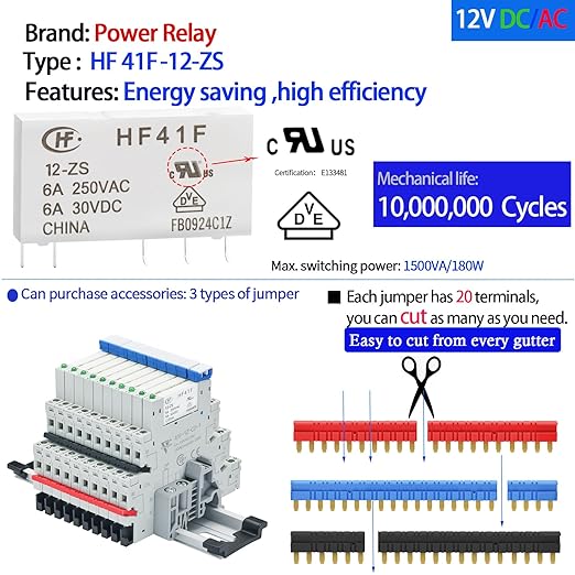 20Pcs Miniature Power Relay DC24V HF41F/24-ZS 1NO 1NC 6A SPDT with LED Indicator with Socket Base 41F-1Z-C2 with DIN Rail UL Certification