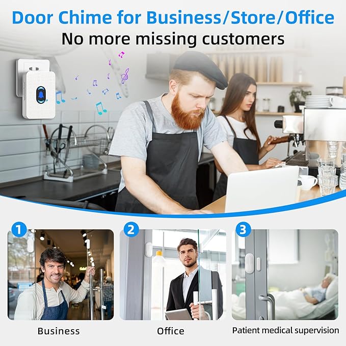 Daytech Wireless Door Chime System - 800ft Long Range, 20 Melodies, 5 Adjustable Volume, 4 Sensors + 1 Receiver for Business, Home, Office & Store