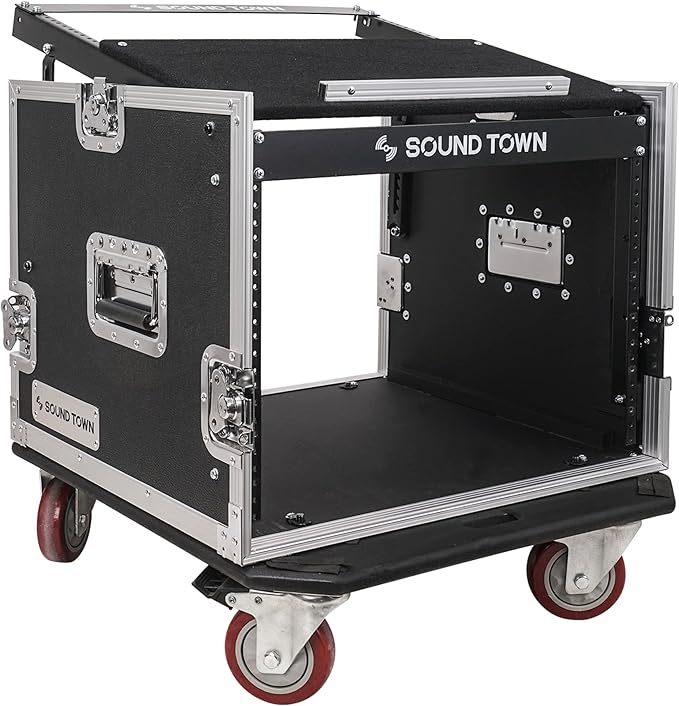 Sound Town Enhanced Thickness 1/2” (12mm) Plywood 8U Audio Rack/Road ATA Case with 11U Slant Mixer Top, 20’’ Rackable Depth, Casters, 8 Space Size, Pro Tour Grade (STMR-8UW)