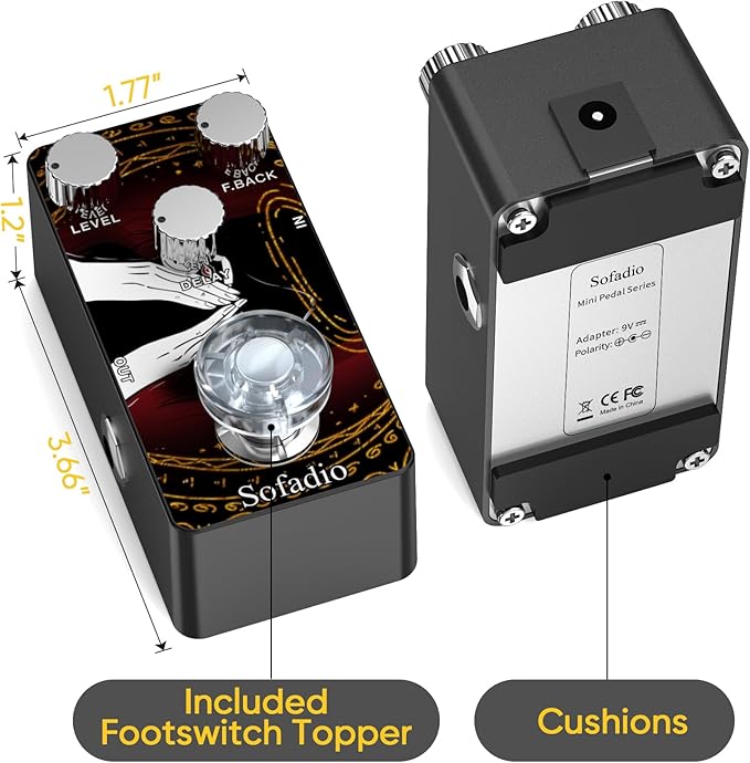 Sofadio Guitar Delay Pedal, True Bypass DC 9V Mini Single Nano Effect Pedals for Electric Guitars