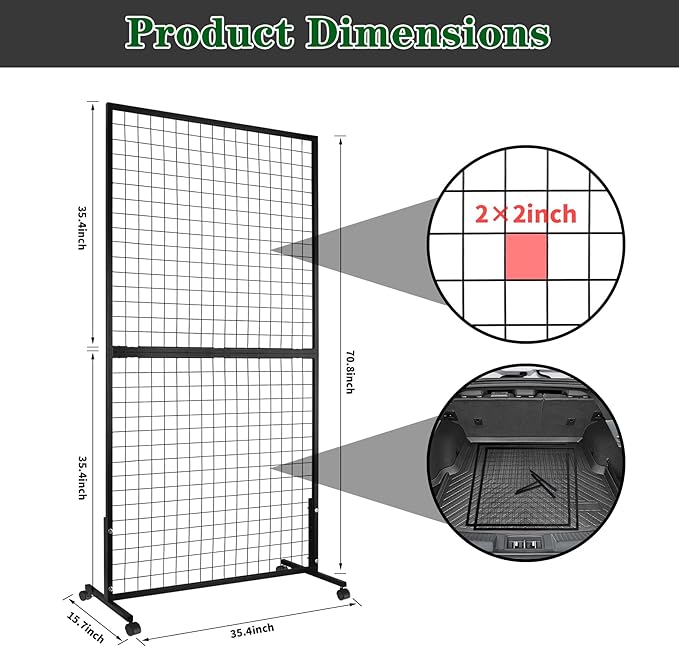 ktondic 3'×6' Double-Layer Grid Panels for Display, Movable Gridwall Panels Tower with T-Base Stand, Sturdy Wire Grid Wall Panels Metal Art Display Racks for Retail Displays Craft Shows