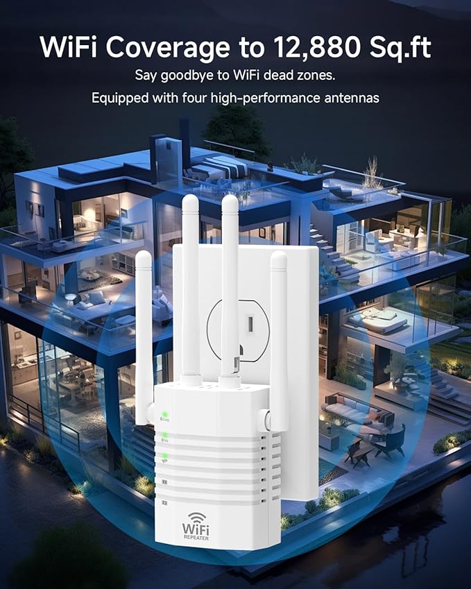 WiFi Extender Supports 105 Devices, 1.2Gbps Home Signal Booster,WiFi Extender Signal Booster with Dual Band 5GHz/2.4GHz, WiFi Booster Up to 12880 Sq.ft, EasyMesh Compatible, One Ethernet Port