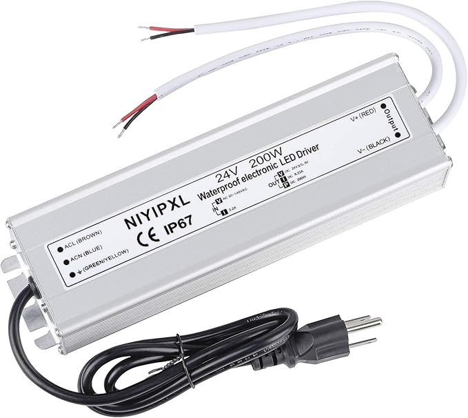 LED Driver 200 Watts 24V DC Low Voltage Transformer， Waterproof IP67 LED Power Supply, Adapter with 3-Prong Plug 3.3 Feet Cable for Any 24V DC led Lights, Computer Project, Outdoor Light