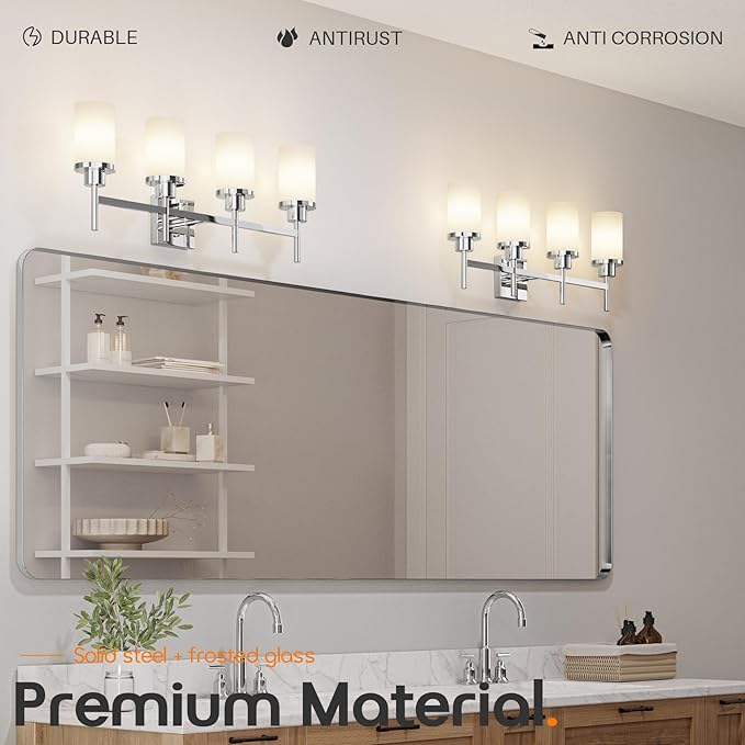 AONEON 4-Light Vanity Lighting Fixtures with White Frosted Glass Shade, Polished Chrome Bathroom Wall Lamps Over Mirror for Bath Restroom Kitchen T001CH-L4