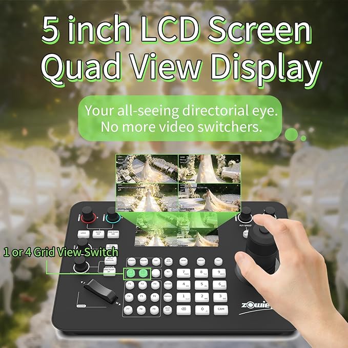 Zowietek PTZ Controller 7D Joystick Keyboard, ZowieKBD, 5'' LCD Quad-Screen Real-time Preview Display, HDMI Output, Automatic Camera Detection, Group Control, Tally, VISCA/PELCO, Non-NDI Model