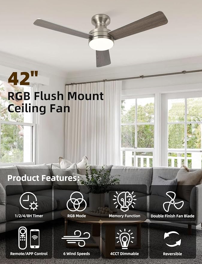Homlit 42 inch RGB Ceiling Fan with Light, Smart App & Remote Control Low Profile Flush Mount, Music Sync Lighting, 6-Speed Quiet Reversible DC Motor, 4CCT Dimmable for Home Office Party