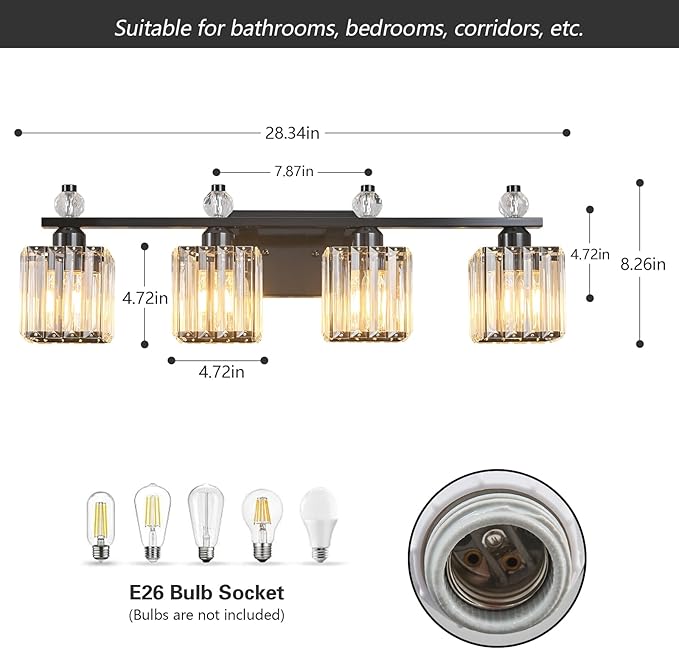 FDPBY Vanity Lights 4-Light Modern Crystal Vanity Light Plating Black Bathroom Light Fixtures Over Mirror Crystal Bathroom Vanity Lighting Fixtures