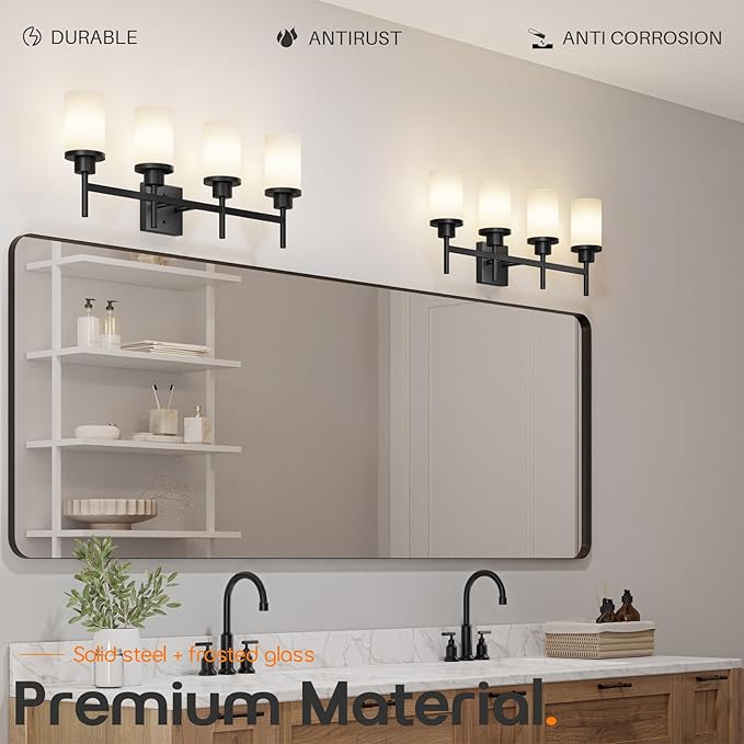 AONEON Wall Light Fixtures 4-Light Over Mirror, Matte Black Vanity Lights with White Frosted Glass Shade, Wall Sconces for Bathroom Kitchen T001MB-L4