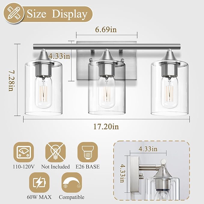 XPEHK 3-Light Bathroom Light Fixtures,Brushed Nickel Vanity Light,Modern Bathroom Lighting Fixtures Over Mirror,Wall Lighting Sconces for Mirror Bedroom Living Room Vanity Table Hallway