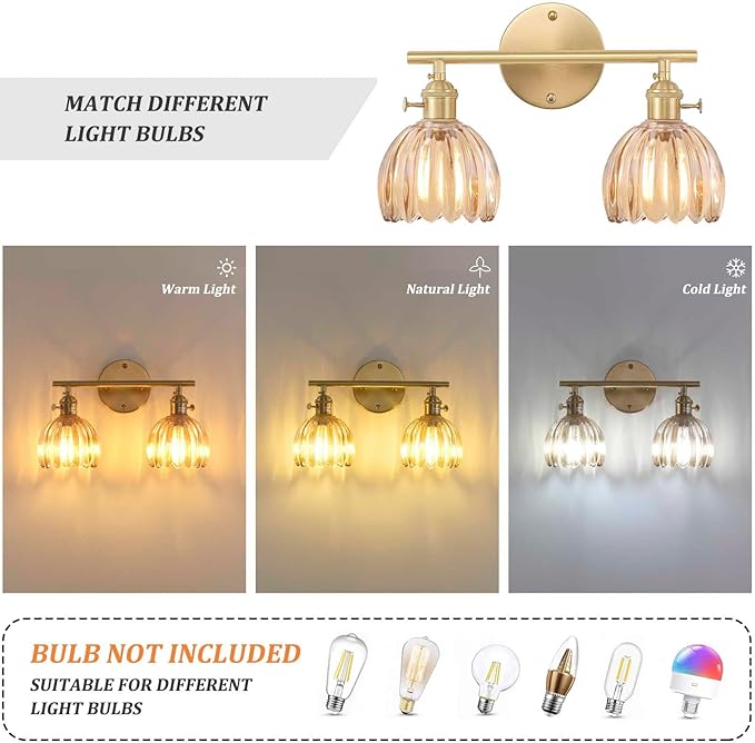 Shenmoyl Bathroom Light Fixtures, 2-Light Brass Vanity Wall Light Over Mirror with Amber Tulip Glass Shade for Bedroom Living Room (Bulb Not Included)