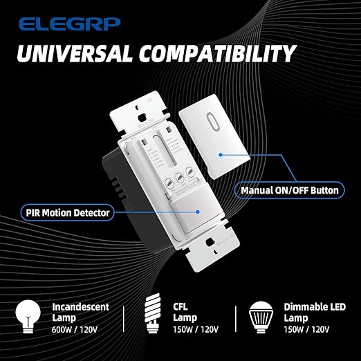 ELEGRP Occupancy Motion Sensor Light Switch, PIR Infrared Motion Activated Wall Switch, No Neutral Wire, Single Pole for CFL/LED/Incandescent Bulb, with Wall Plate, UL Listed (10 Pack, Matte White)