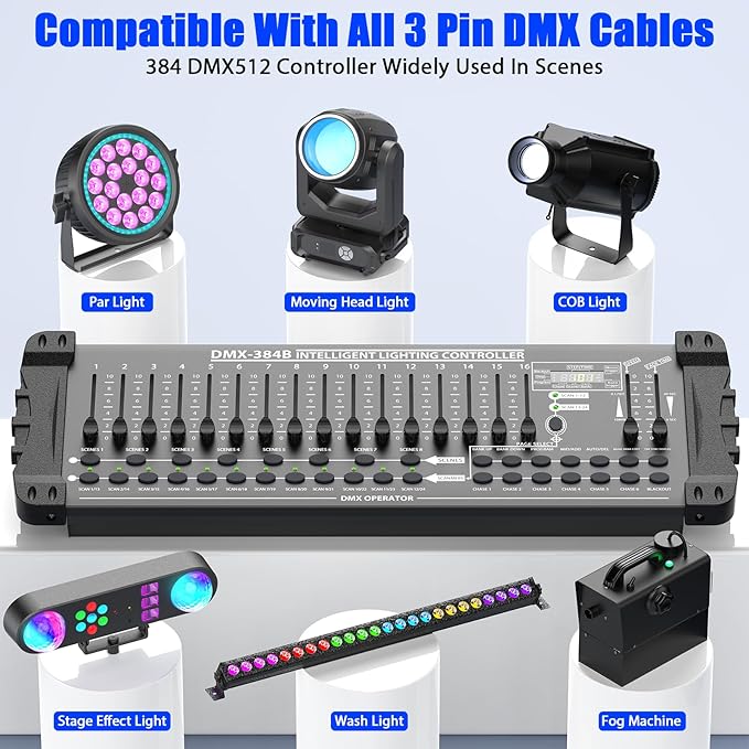 Wiwreenm DJ Controller 384CH Fog DMX-512 DJ Controller Support 30 Banks 8 Scenes 24 fixtures Stage Lighting Console for Program Editing of DJ Lights Show Bar Club Live